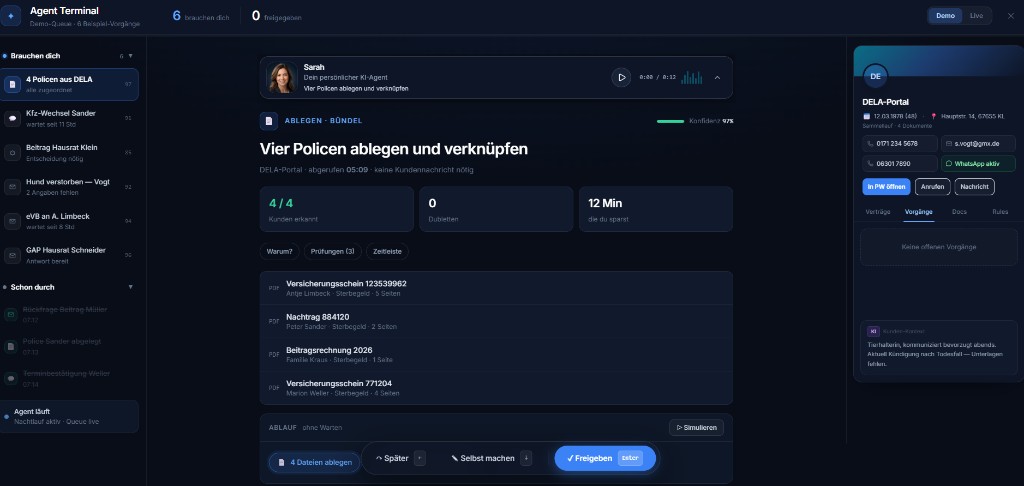 Agent Terminal: ein Vorgang mit vier erkannten Policen, geprüft auf Dubletten, wartet auf Freigabe